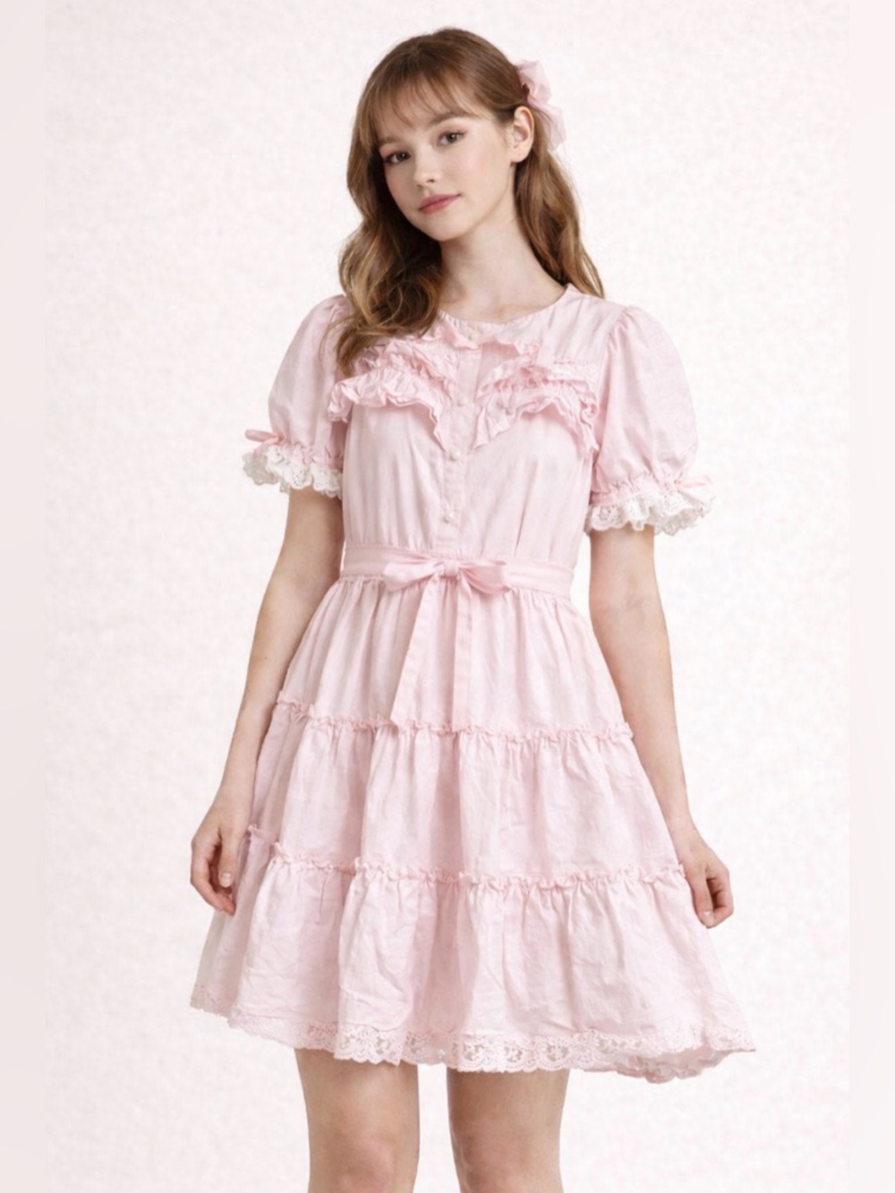 Honey Cinnamon Pink Ruffle Dress FREE Size Kawaii Lolita Cotton(E63)
